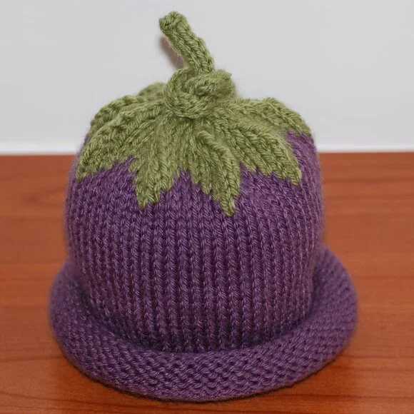 Hand Knit Stretchy Purple Baby Eggplant Hat 0-6 months - One Size - Picture 1 of 4